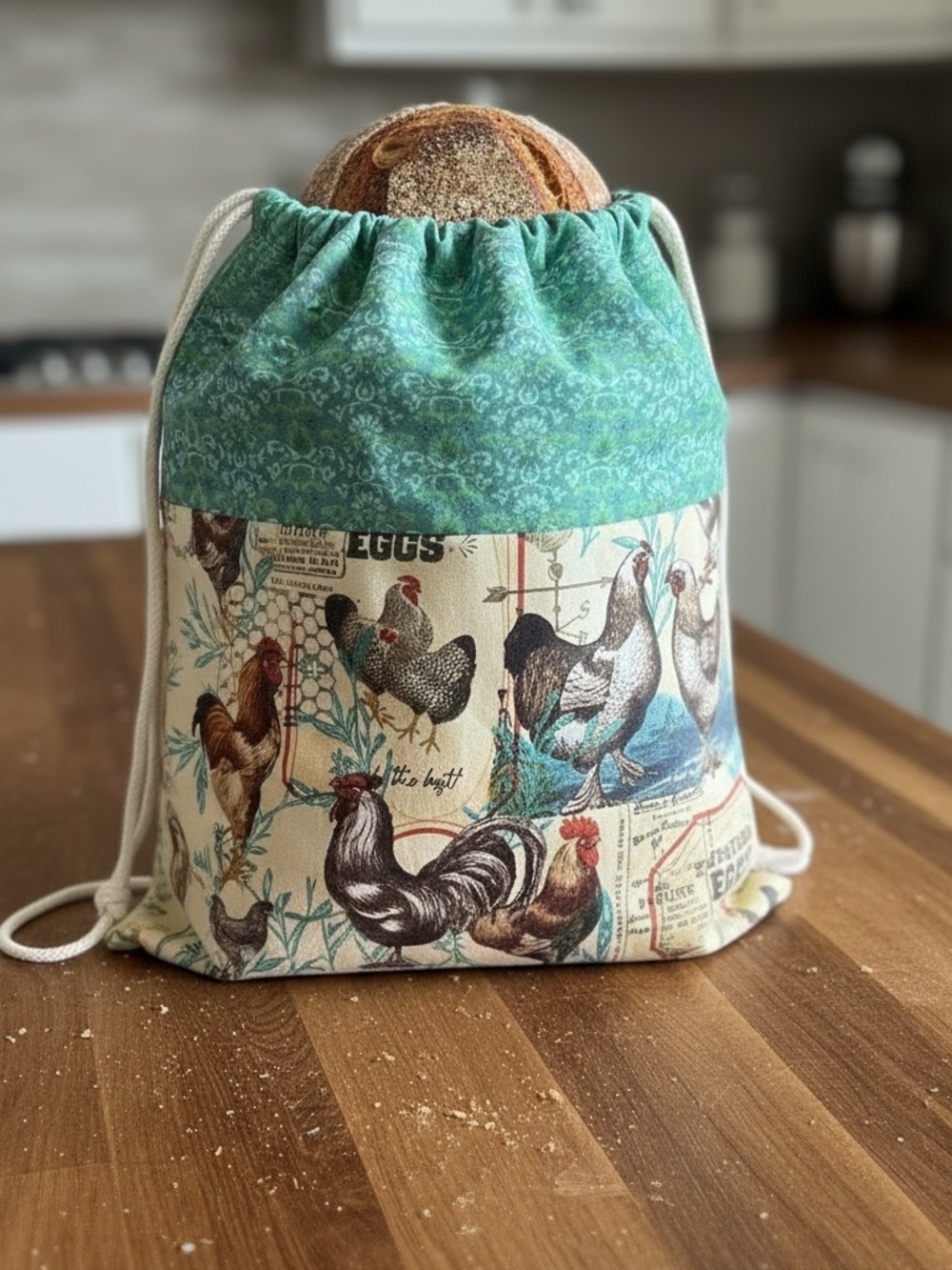 Farmhouse Rooster Bread Bag with Forest Green Top, Handmade Cotton Sourdough Bag